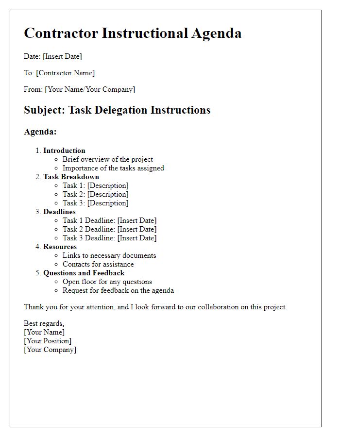 Letter template of contractor instructional agenda for task delegation