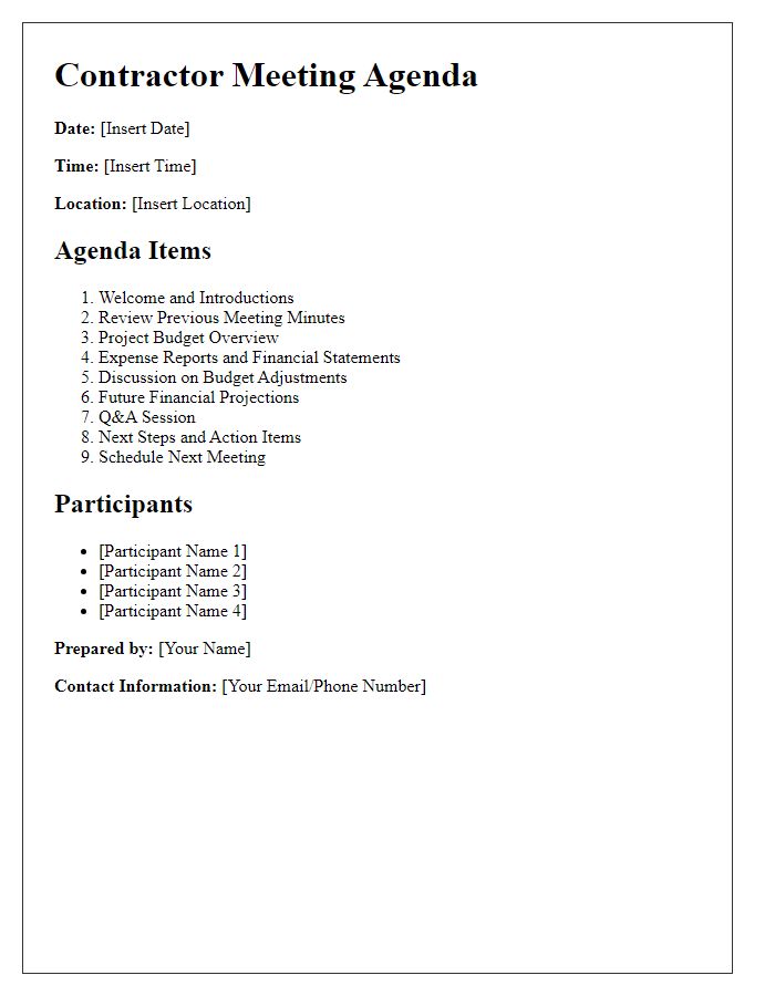 Letter template of contractor meeting agenda for budget review