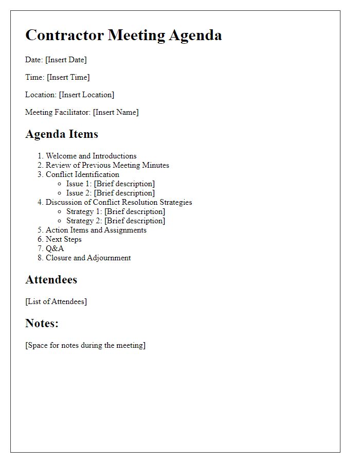 Letter template of contractor meeting agenda for conflict resolution