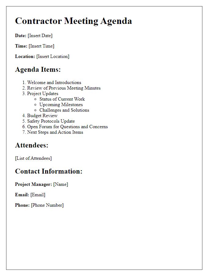 Letter template of contractor meeting agenda for project updates