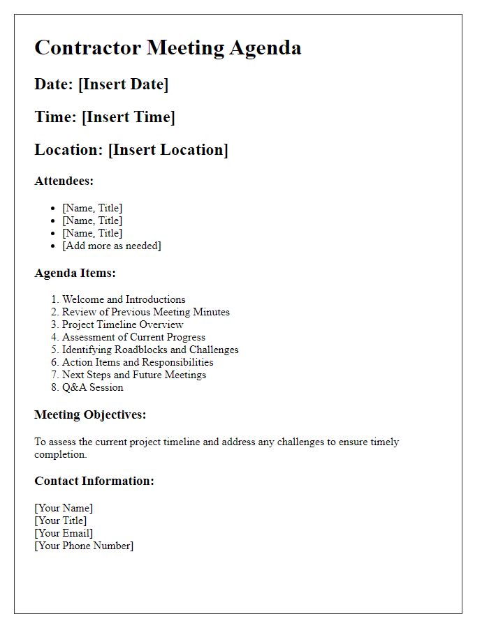 Letter template of contractor meeting agenda for timeline assessment