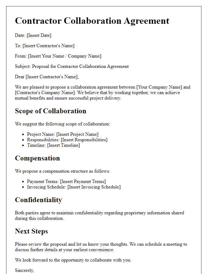 Letter template of contractor collaboration agreement suggestion