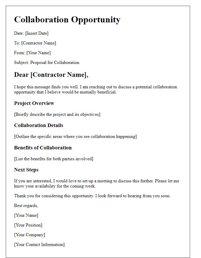 Letter template of contractor collaboration opportunity outline