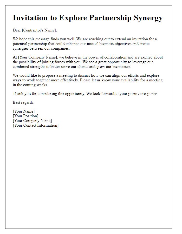 Letter template of contractor partnership synergy invitation