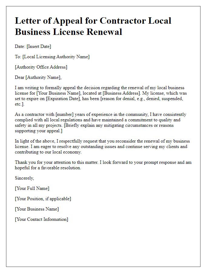 Letter template of appeal for contractor local business license renewal