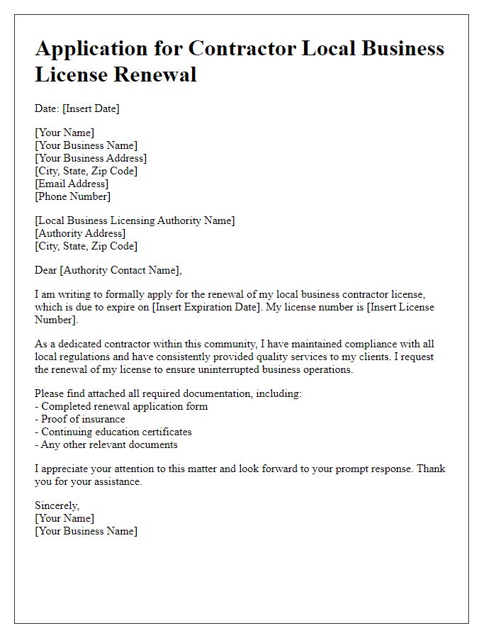 Letter template of application for contractor local business license renewal