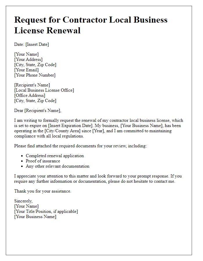 Letter template of request for contractor local business license renewal