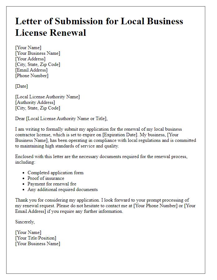 Letter template of submission for contractor local business license renewal