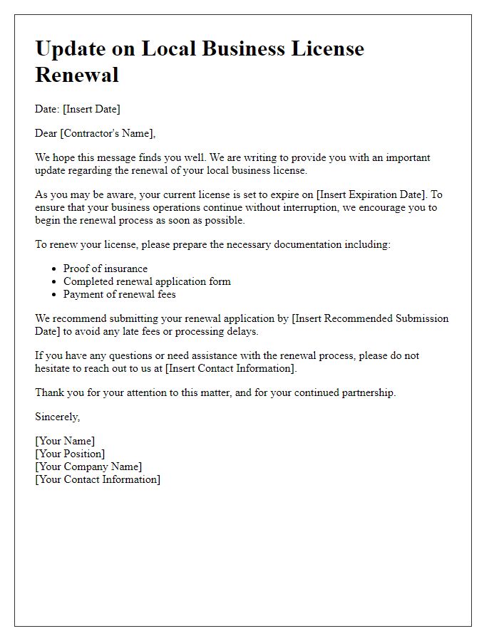 Letter template of update for contractor local business license renewal