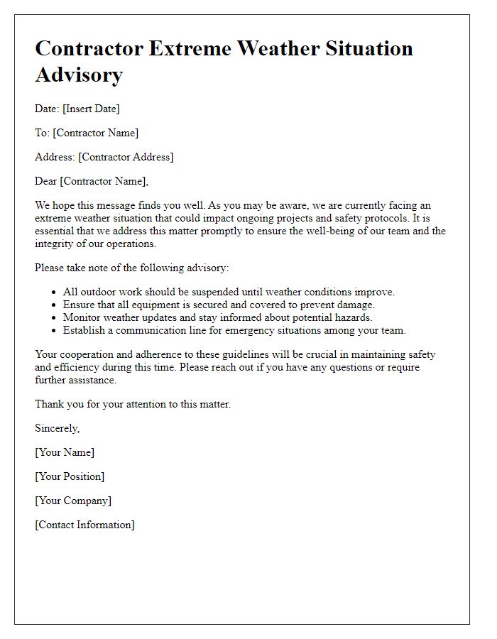 Letter template of contractor extreme weather situation advisory