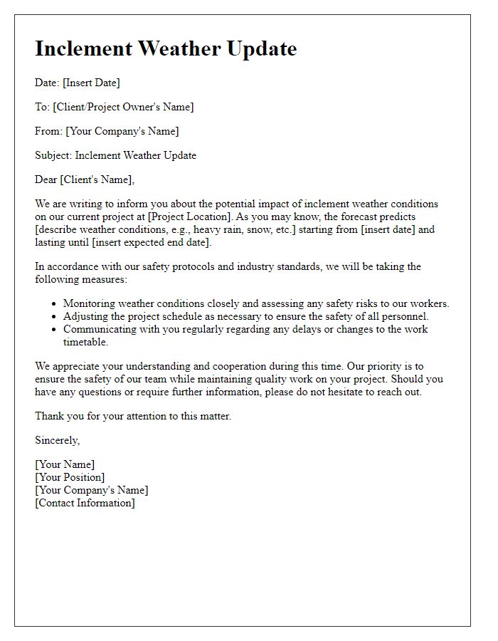 Letter template of contractor inclement weather update