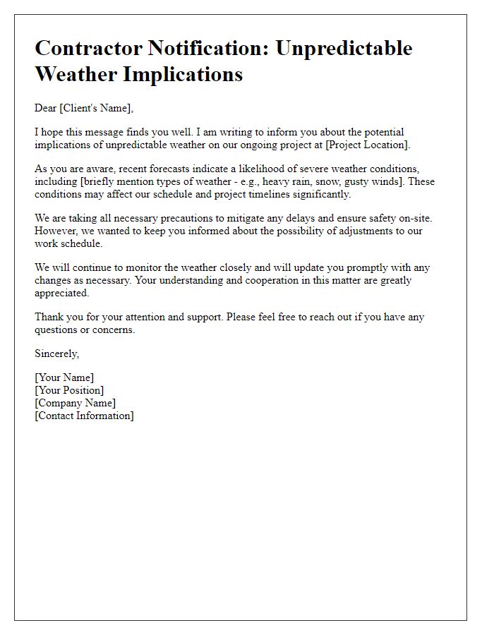 Letter template of contractor unpredictable weather implications brief