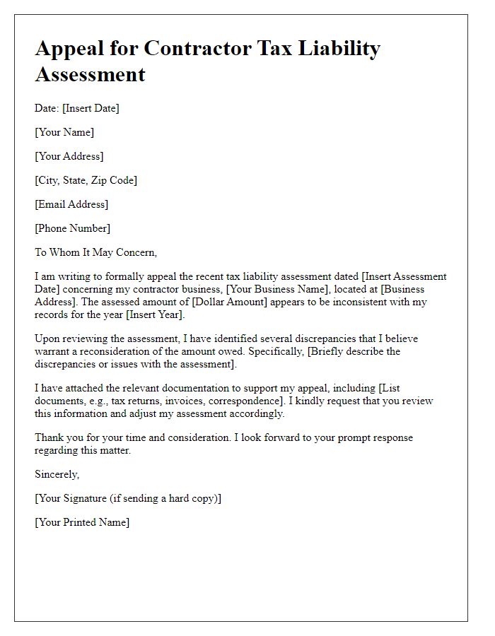 Letter template of contractor tax liability assessment appeal