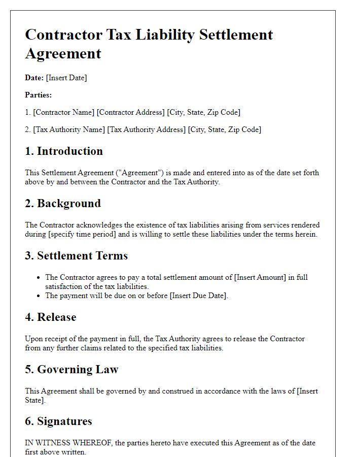 Letter template of contractor tax liability settlement agreement