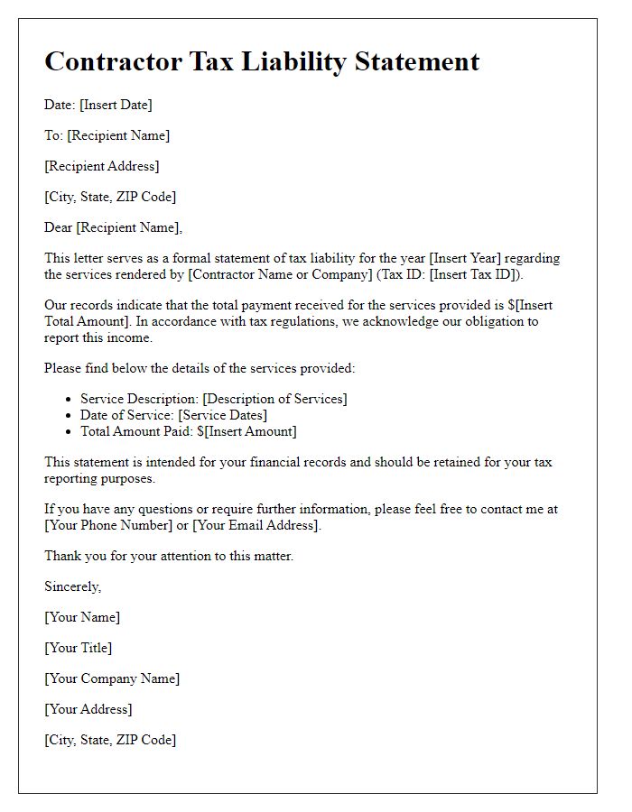 Letter template of contractor tax liability statement for financial records