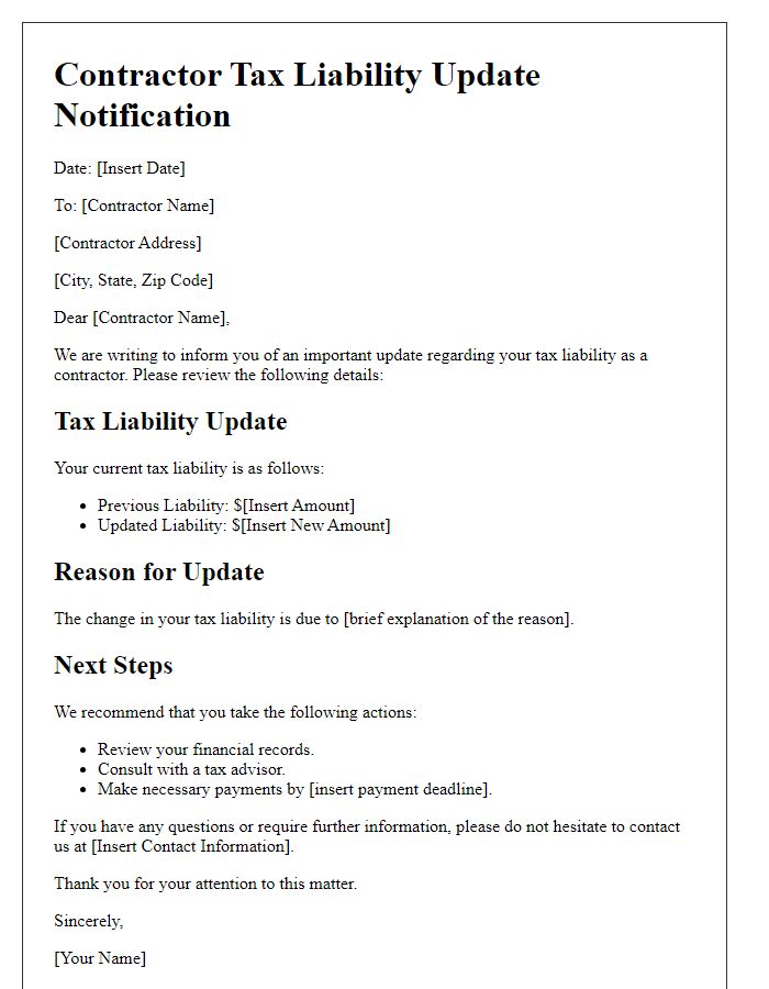 Letter template of contractor tax liability update notification