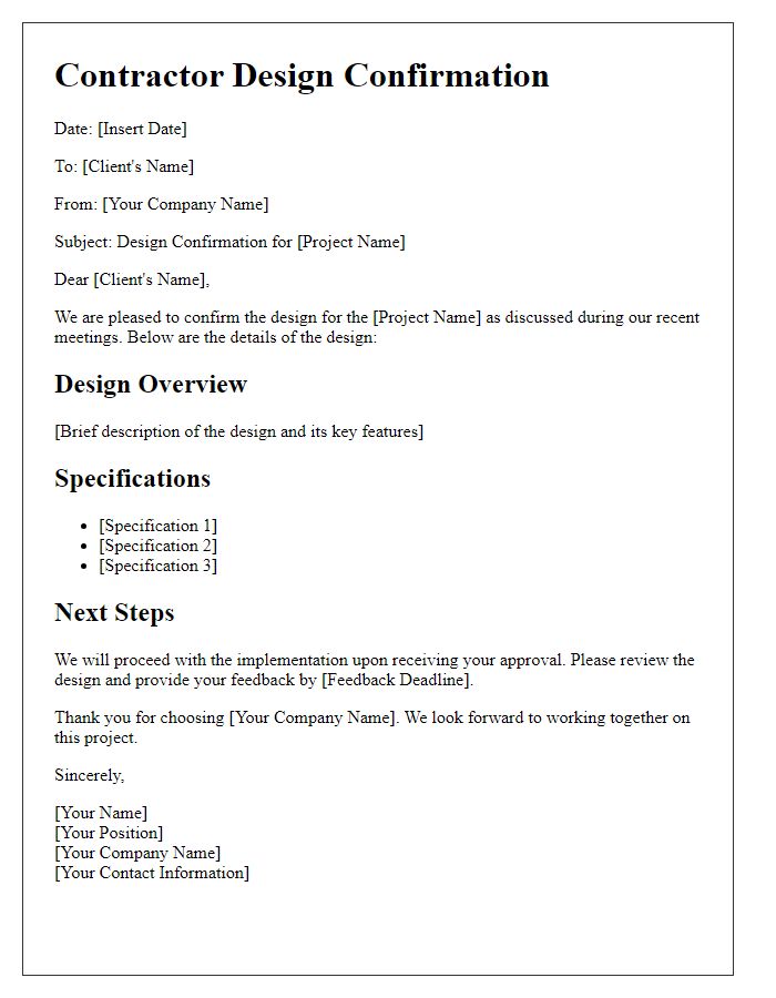 Letter template of contractor design confirmation