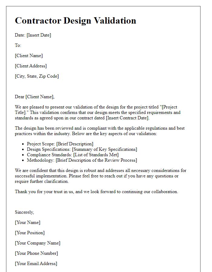 Letter template of contractor design validation