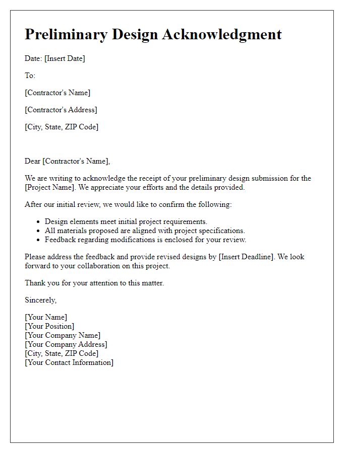 Letter template of preliminary design acknowledgment for contractor