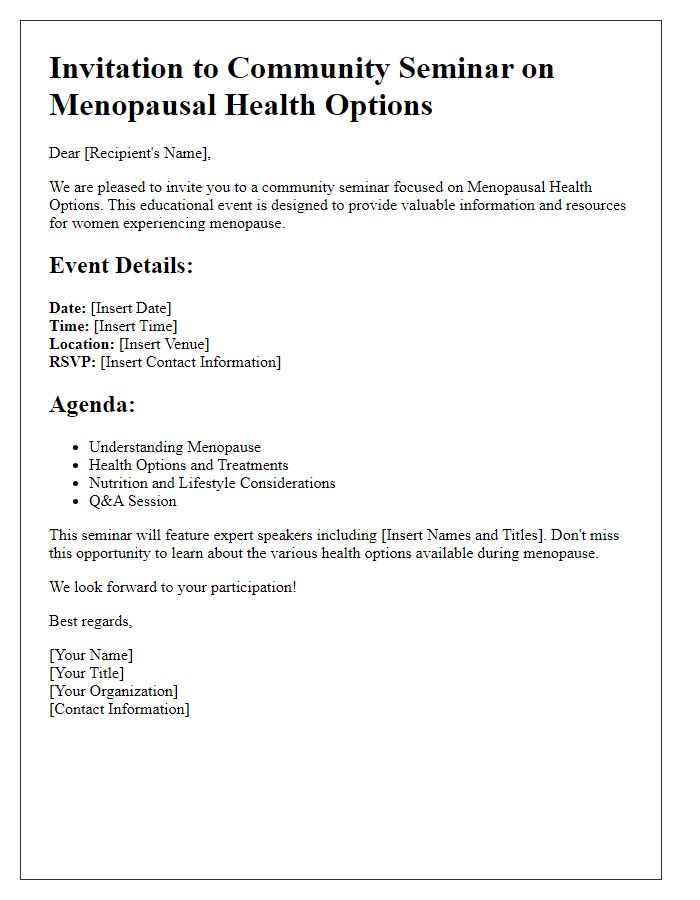 Letter template of community seminar on menopausal health options