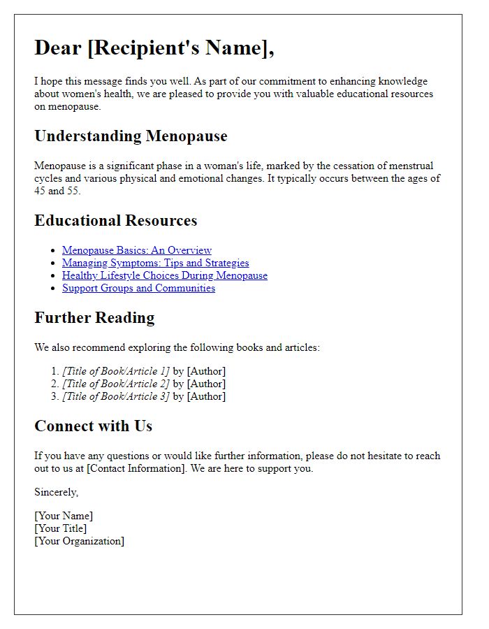 Letter template of educational resources on menopause