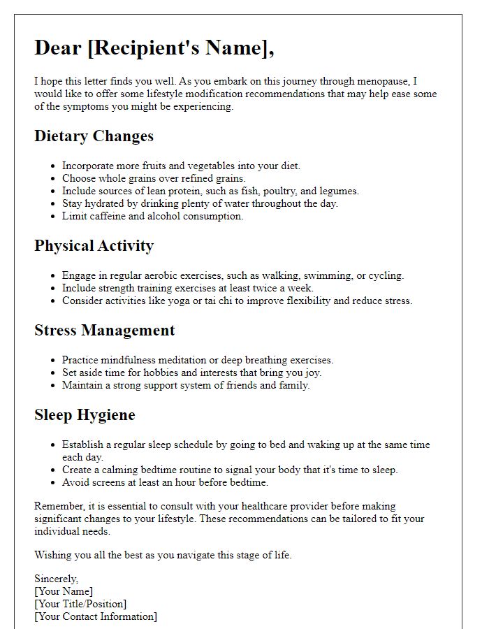 Letter template of lifestyle modification recommendations for menopause