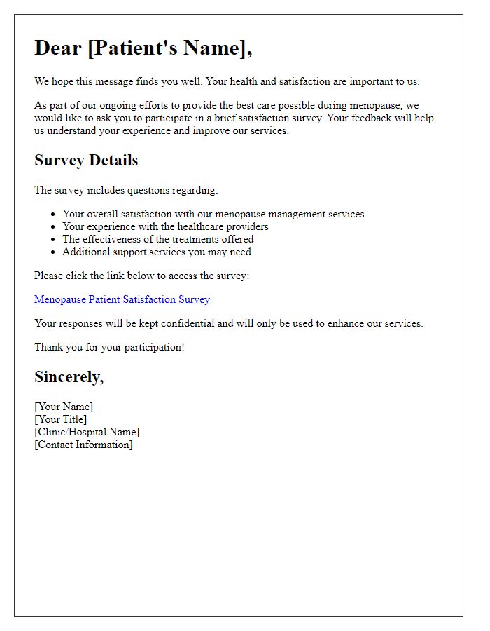 Letter template of menopause patient satisfaction survey