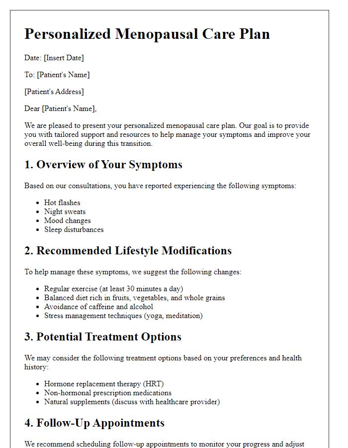 Letter template of personalized menopausal care plan