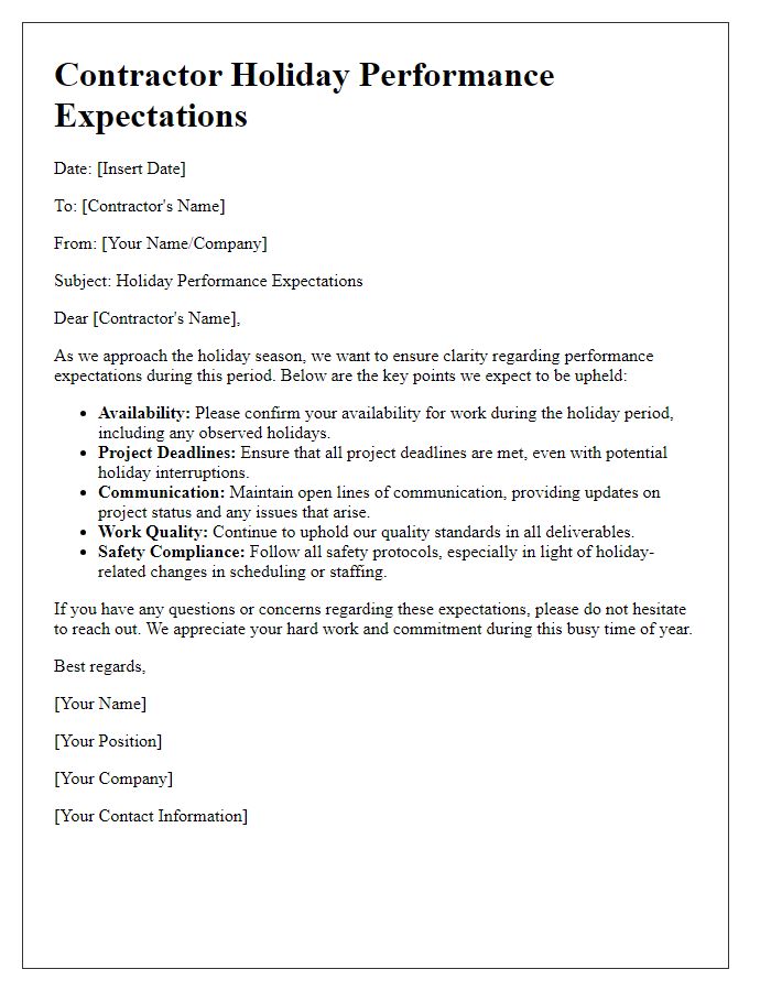 Letter template of Contractor Holiday Performance Expectations