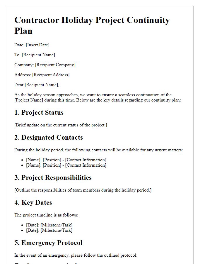 Letter template of Contractor Holiday Project Continuity Plan