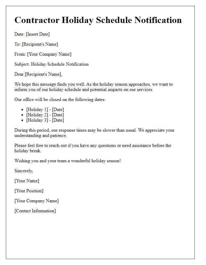 Letter template of Contractor Holiday Schedule Notification