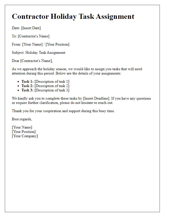 Letter template of Contractor Holiday Task Assignment