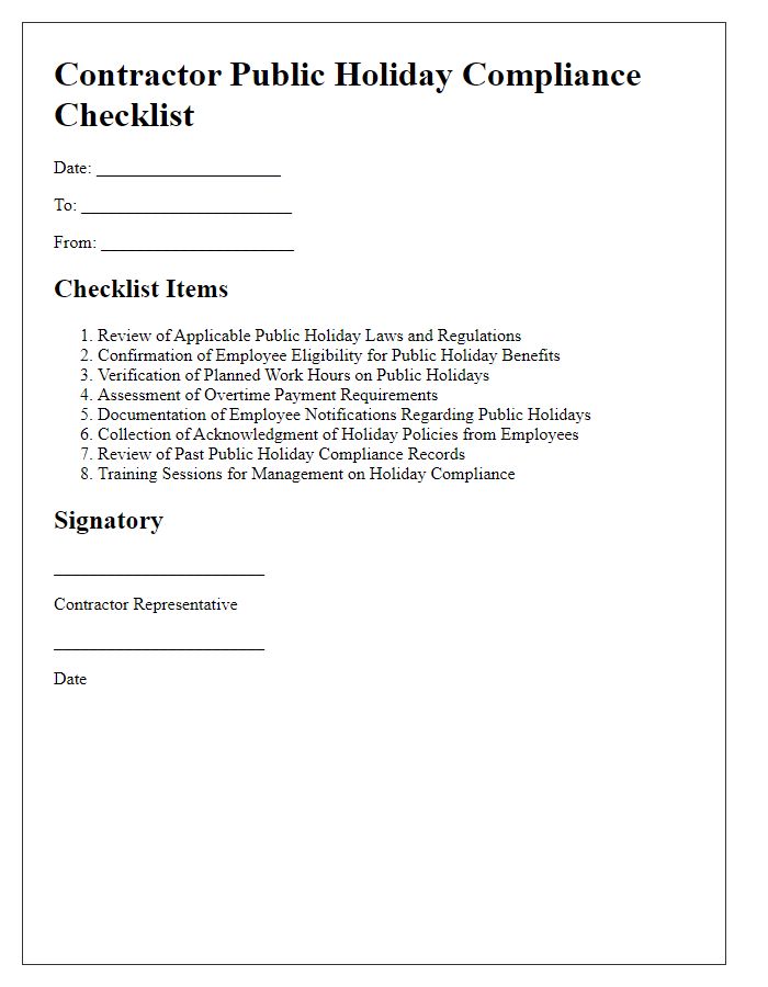 Letter template of Contractor Public Holiday Compliance Checklist