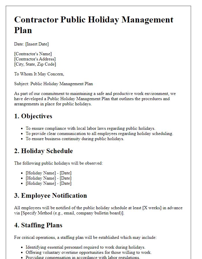 Letter template of Contractor Public Holiday Management Plan