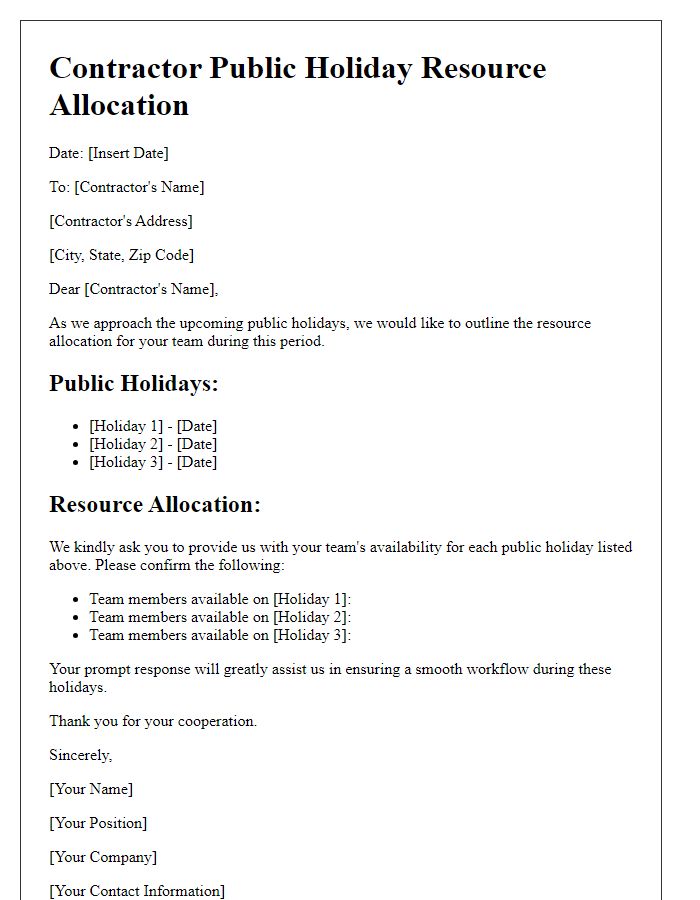 Letter template of Contractor Public Holiday Resource Allocation