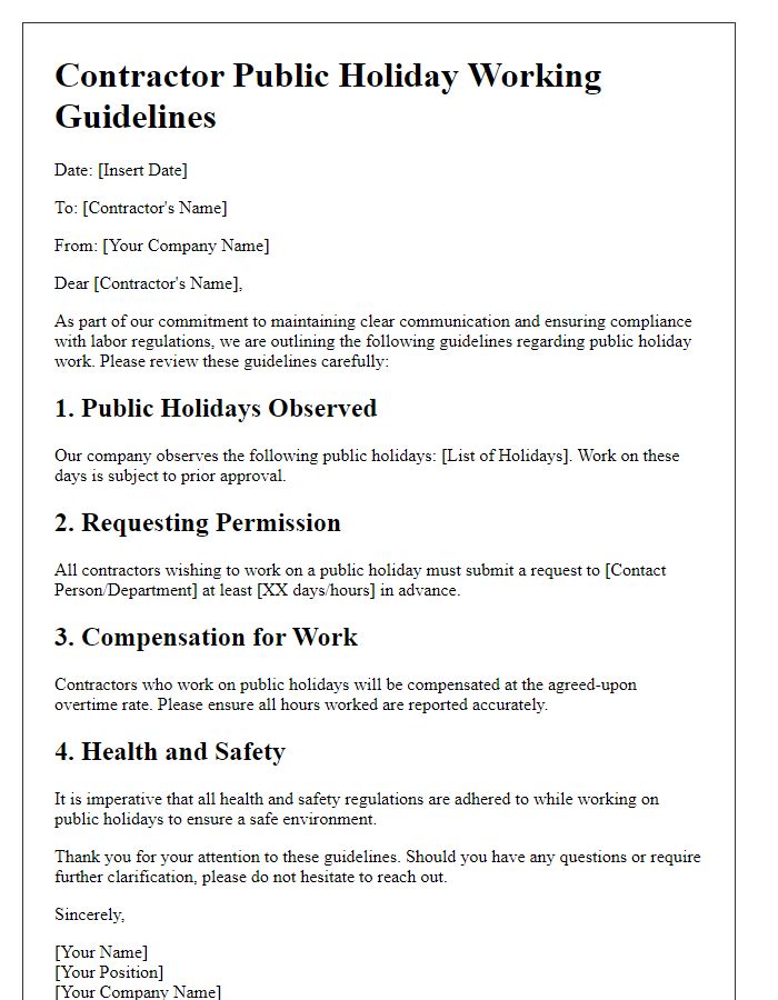 Letter template of Contractor Public Holiday Working Guidelines