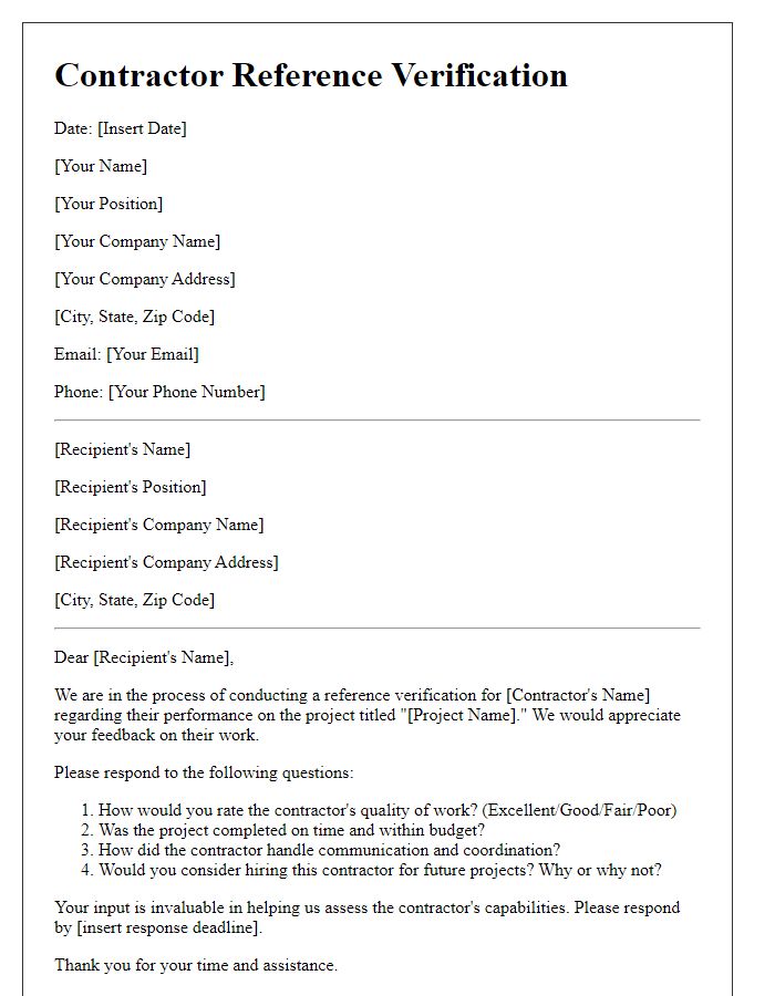 Letter template of Contractor Reference Verification for Project Evaluation