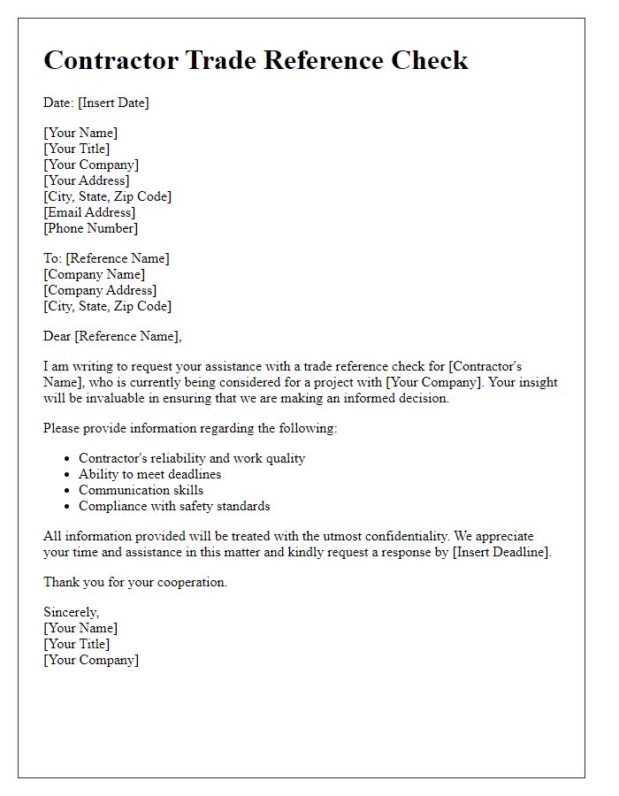 Letter template of Contractor Trade Reference Check for Compliance