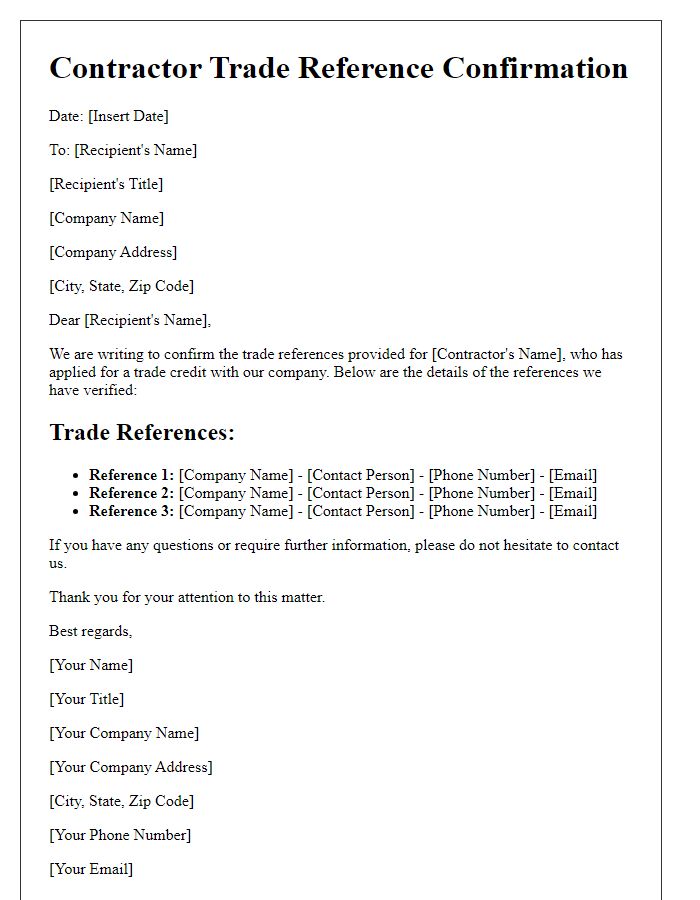 Letter template of Contractor Trade Reference Confirmation