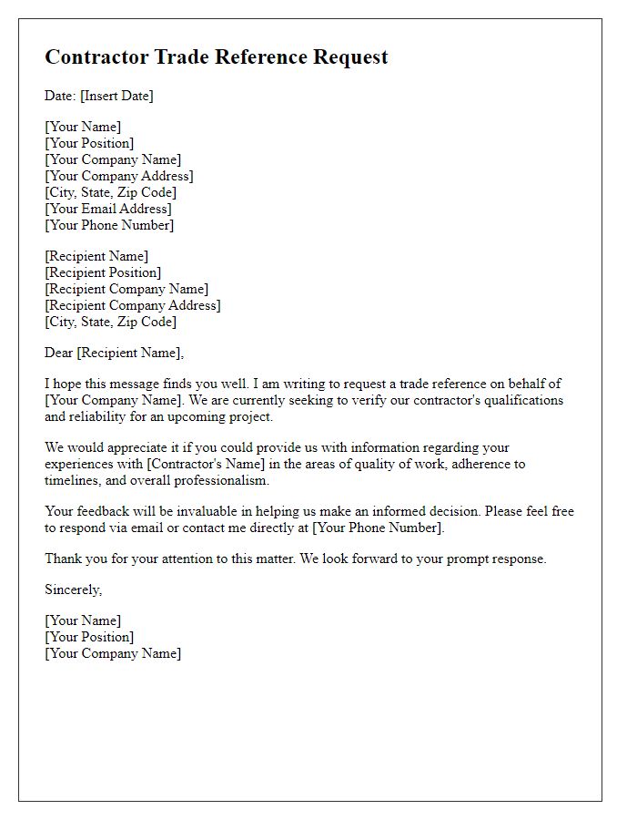 Letter template of Contractor Trade Reference Request for Verification