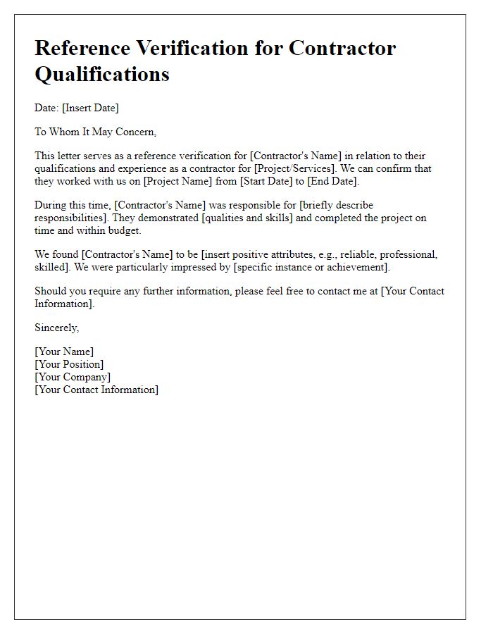 Letter template of Reference Verification for Contractor Qualifications