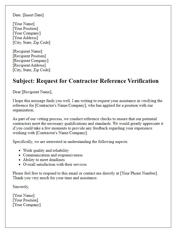 Letter template of Request for Contractor Reference Verification