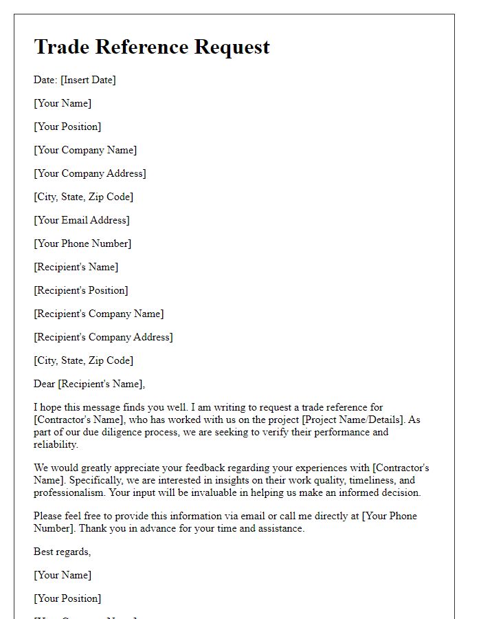 Letter template of Trade Reference Request for Contractor Due Diligence