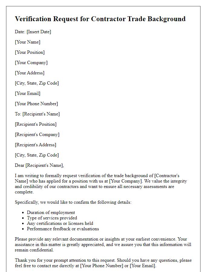 Letter template of Verification Request for Contractor Trade Background