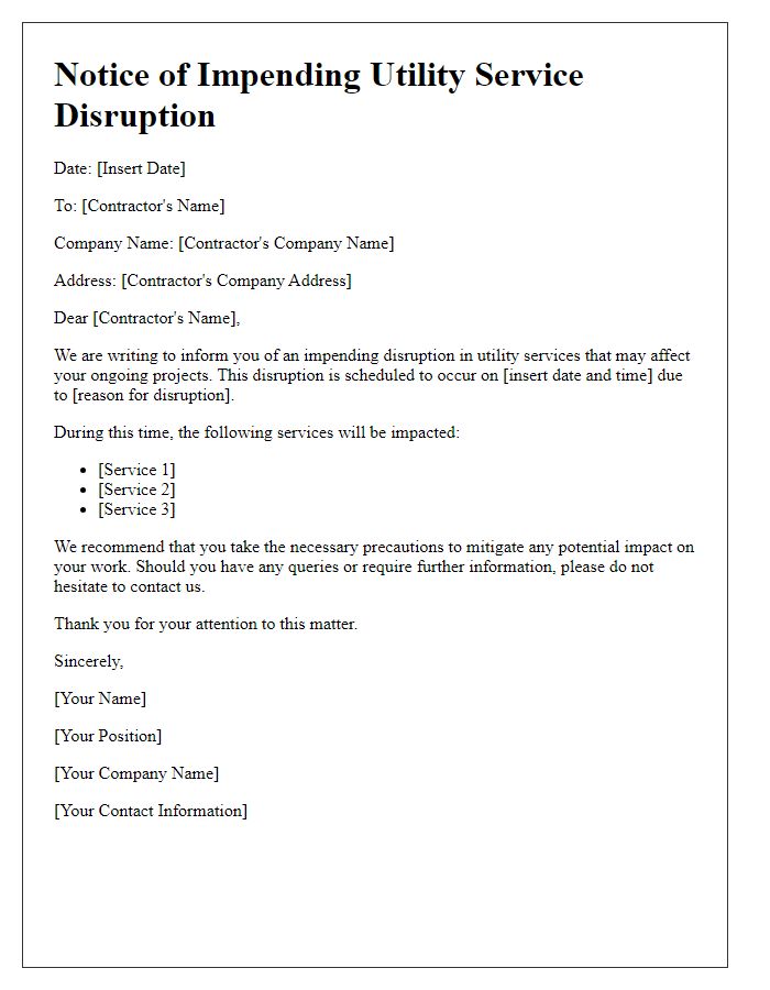 Letter template of alert for contractor on impending utility service disruption