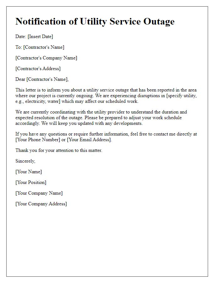 Letter template of communication to contractor about utility service outage