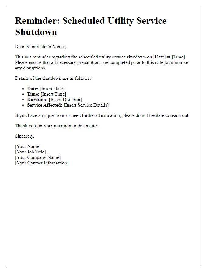 Letter template of reminder for contractor on scheduled utility service shutdown