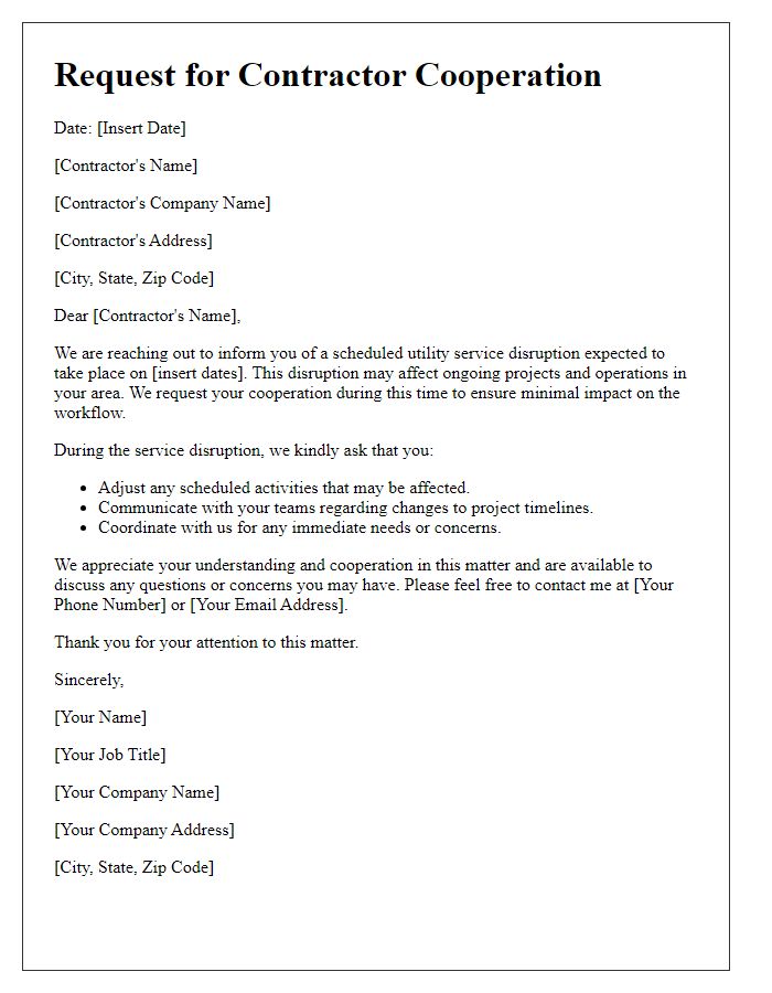 Letter template of request for contractor cooperation during utility service disruption