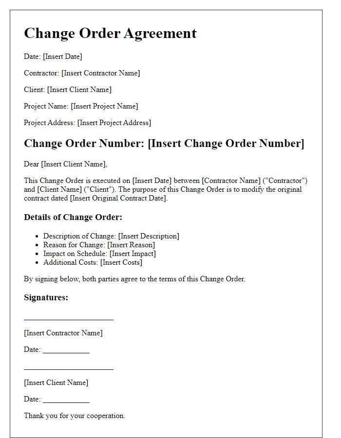 Letter template of contractor change order agreement