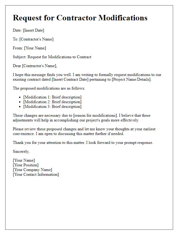 Letter template of contractor modifications request